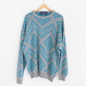 VTG '90S Akira Gray Teal Block Pattern Eclectic Grandpa Knit Crew Neck Sweater L